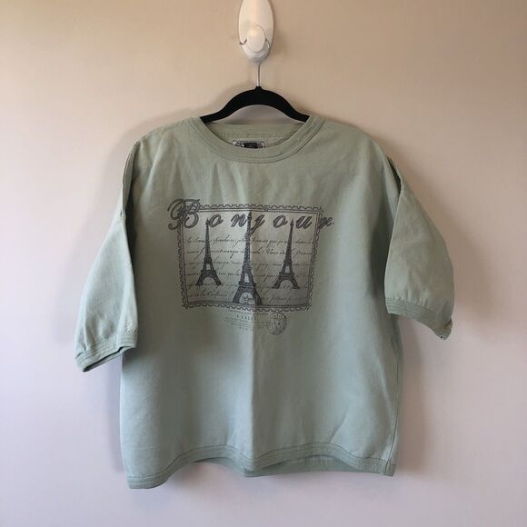 Vintage 90s Bon Jour Paris Crewneck Sweatshirt Cropped Light Green Oversized M/L - Picture 4 of 8